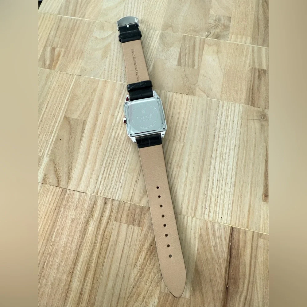 Vicence 925 Sterling silver square black leather dress watch NEW BATTERY